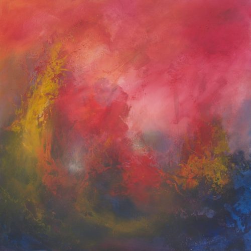 Abstract painting Solar Flare in blazing red, magenta and gold with deep blue base, atmospheric sky-like composition by Art Haus.