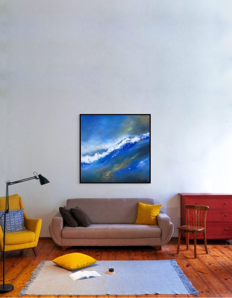 Ignited Wave abstract ocean painting by Andy Taylor staged in a living room