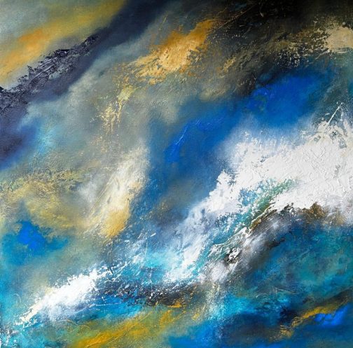 Azure Gateway -original acrylic painting on canvas featuring dark storm clouds, a diagonal slash of white light and warm orange tones by Andy Taylor