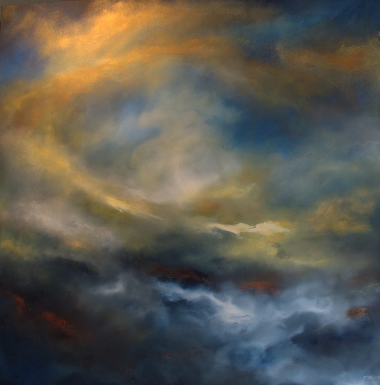 Golden Ascent original abstract painting by Andy Taylor in gold and blue tones on deep edge canvas