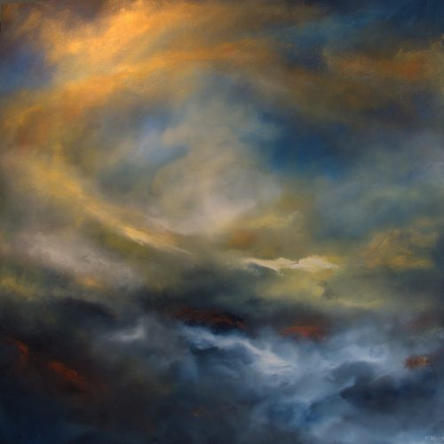 Golden Ascent original abstract painting by Andy Taylor in gold and blue tones on deep edge canvas