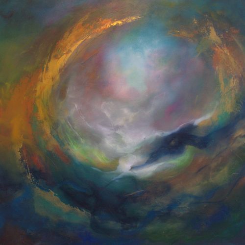 Alt text: Mystic Way – Aura Gateway series abstract acrylic painting in teal, blue and ochre, 70x70cm by Andy Taylor