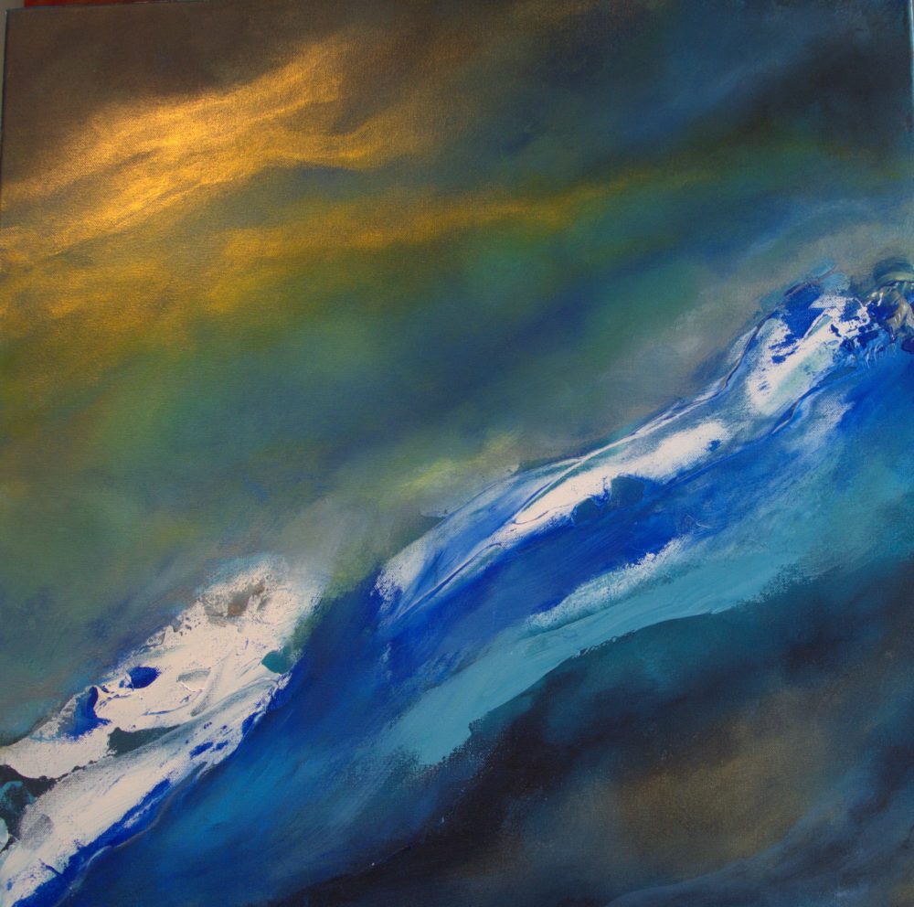 Tidal Ascent original abstract painting by Andy Taylor – blue diagonal wave-like gateway, 70x70 acrylic on canvas