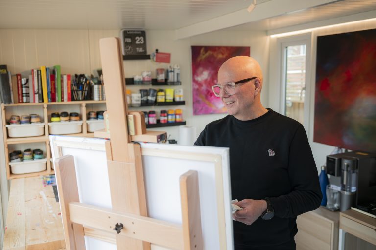 Andy Taylor Painting in the Art Haus studio photo by Tom Platinum Morley
