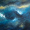 Abstract acrylic painting of a stormy sky in deep navy and teal with golden yellow light and bright white highlights breaking through dark clouds