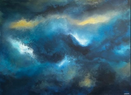 Abstract acrylic painting of a stormy sky in deep navy and teal with golden yellow light and bright white highlights breaking through dark clouds