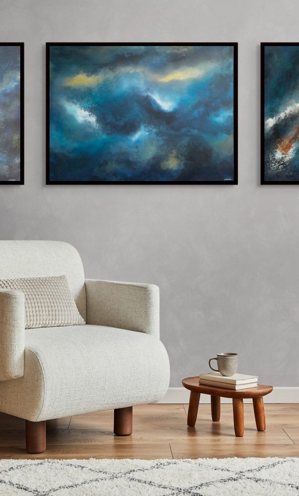 Before the Break abstract ocean painting by Andy Taylor staged in a living room