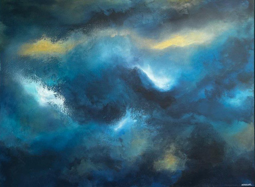 Abstract acrylic painting of a stormy sky in deep navy and teal with golden yellow light and bright white highlights breaking through dark clouds