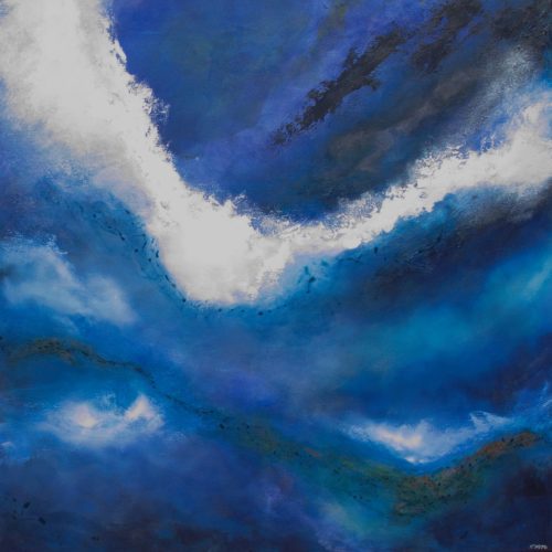 Blue Tropic abstract seascape painting by Andy Taylor, white surf breaking through deep cobalt and indigo water with rust flecks, acrylic on canvas 100 x 100 cm