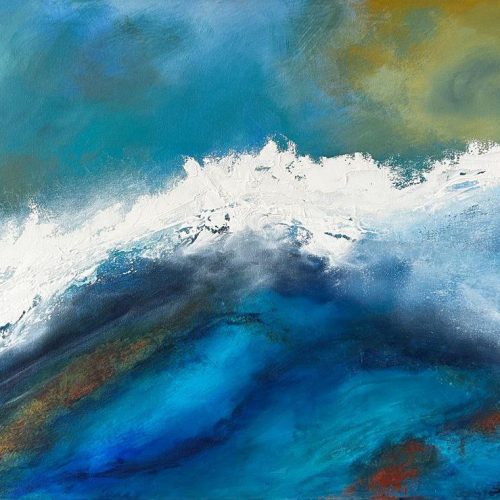Calm abstract seascape painting by Andy Taylor, a single white wave crest rising under a soft turquoise and gold sky over deep blue water, acrylic on canvas 60 x 80 cm in black floating frame