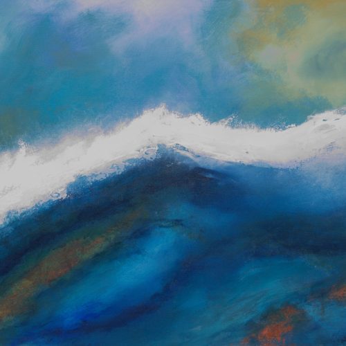 Calm abstract seascape painting by Andy Taylor, a single white wave crest rising under a soft turquoise and gold sky over deep blue water, acrylic on canvas 60 x 80 cm in black floating frame