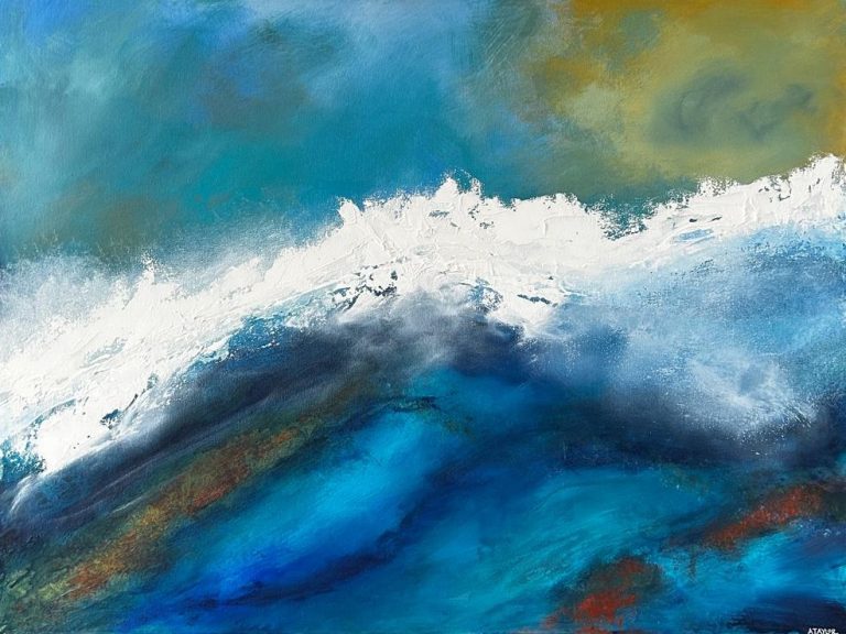 Calm abstract seascape painting by Andy Taylor, a single white wave crest rising under a soft turquoise and gold sky over deep blue water, acrylic on canvas 60 x 80 cm in black floating frame