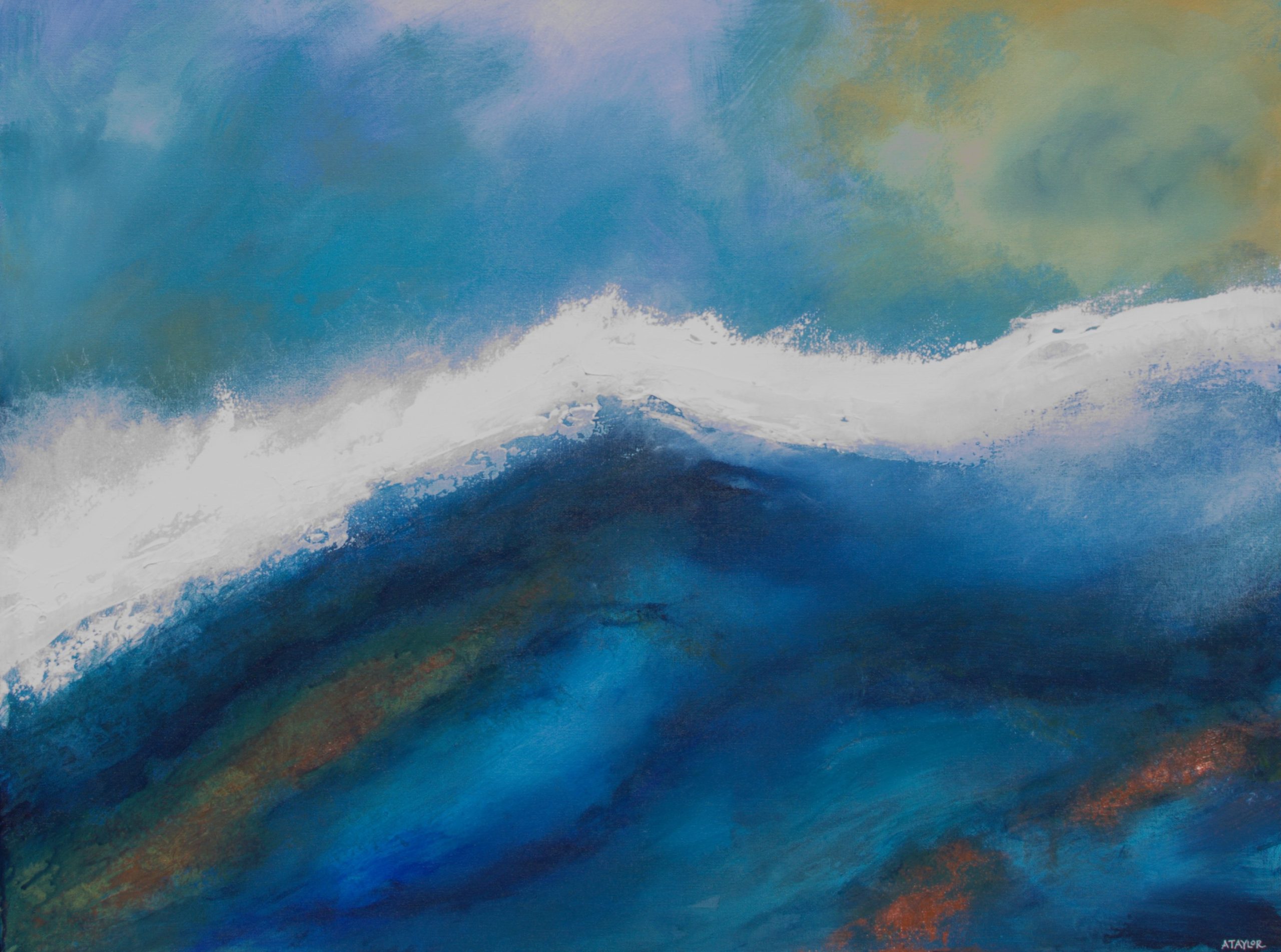 Calm abstract seascape painting by Andy Taylor, a single white wave crest rising under a soft turquoise and gold sky over deep blue water, acrylic on canvas 60 x 80 cm in black floating frame