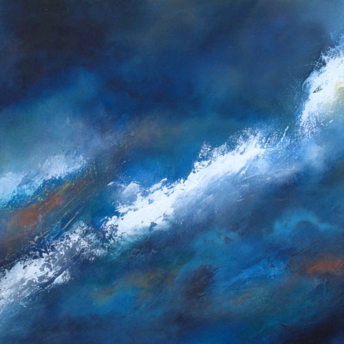 Original abstract painting with diagonal sweep of white light across deep blue, acrylic on canvas 60 x 80 cm in floating matt black frame by Art Haus