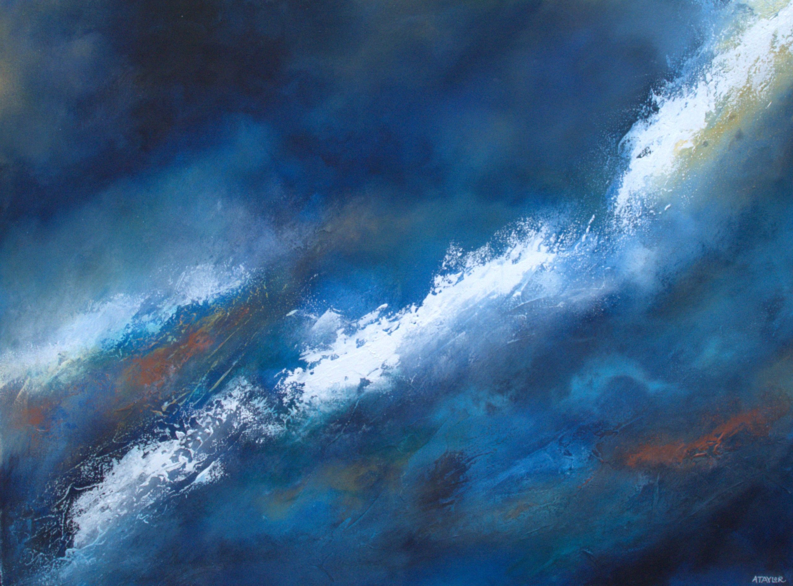 Original abstract painting with diagonal sweep of white light across deep blue, acrylic on canvas 60 x 80 cm in floating matt black frame by Art Haus
