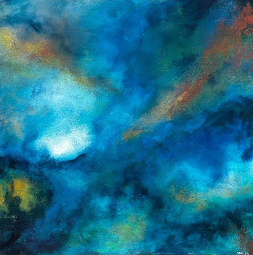 Abstract acrylic painting in deep teal and blue with burnt orange, golden yellow and a glowing white light source at centre