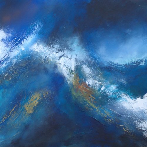 Hope is an original acrylic painting, 60 x 80 cm, in a floating matt black frame. Deep blue with threads of gold breaking through. Ready to hang. UK delivery included.