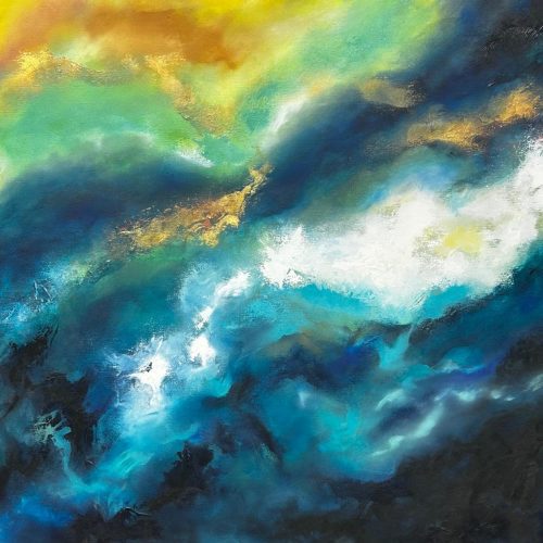 Large abstract acrylic painting in deep navy, teal, gold and yellow suggesting a stormy sea or breaking sky, 100x100cm