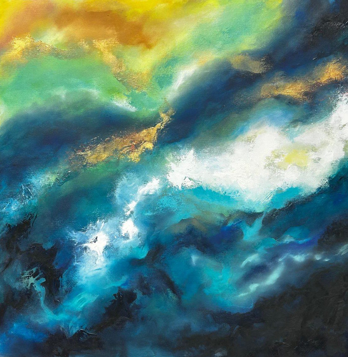 Large abstract acrylic painting in deep navy, teal, gold and yellow suggesting a stormy sea or breaking sky, 100x100cm