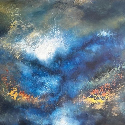 Abstract acrylic painting of a storm with crashing white wave, deep cobalt blues and fiery amber and orange in lower third