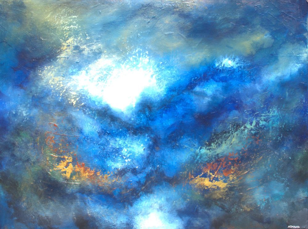 Abstract acrylic painting of a storm with crashing white wave, deep cobalt blues and fiery amber and orange in lower third