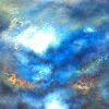 Abstract acrylic painting of a storm with crashing white wave, deep cobalt blues and fiery amber and orange in lower third