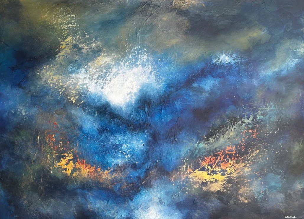 Abstract acrylic painting of a storm with crashing white wave, deep cobalt blues and fiery amber and orange in lower third