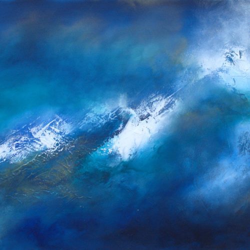 Original abstract ocean painting in sweeping blue and white with gold undertones, acrylic on canvas 60 x 80 cm in floating matt black frame by Art Haus
