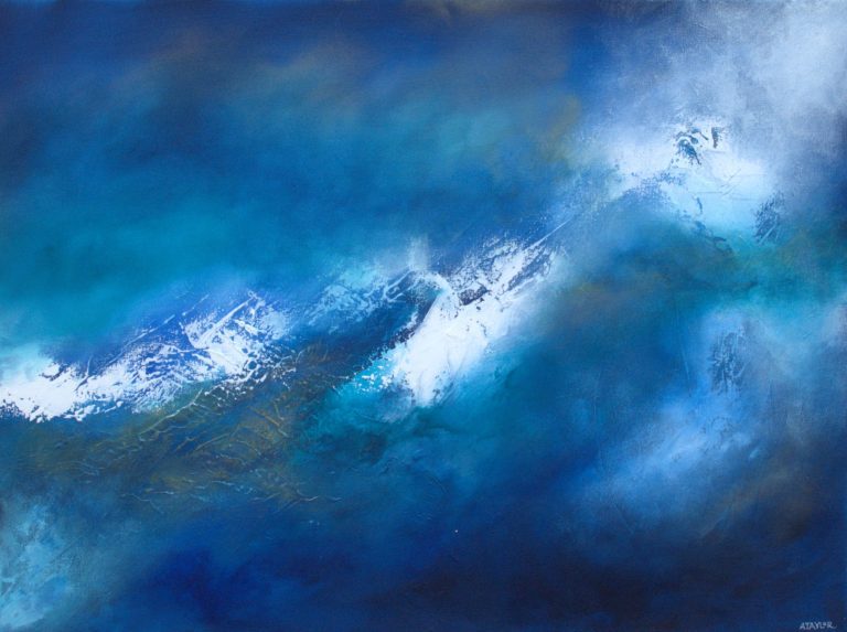 Original abstract ocean painting in sweeping blue and white with gold undertones, acrylic on canvas 60 x 80 cm in floating matt black frame by Art Haus