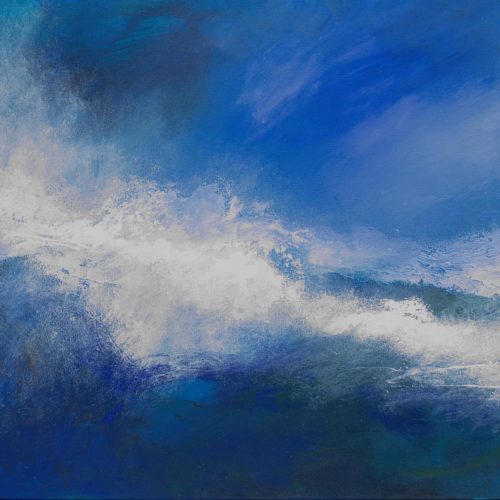Rapture abstract seascape painting by Andy Taylor, bright white surf rolling along the horizon beneath a vivid blue sky over dark teal sea, acrylic on canvas 60 x 80 cm in black floating frame