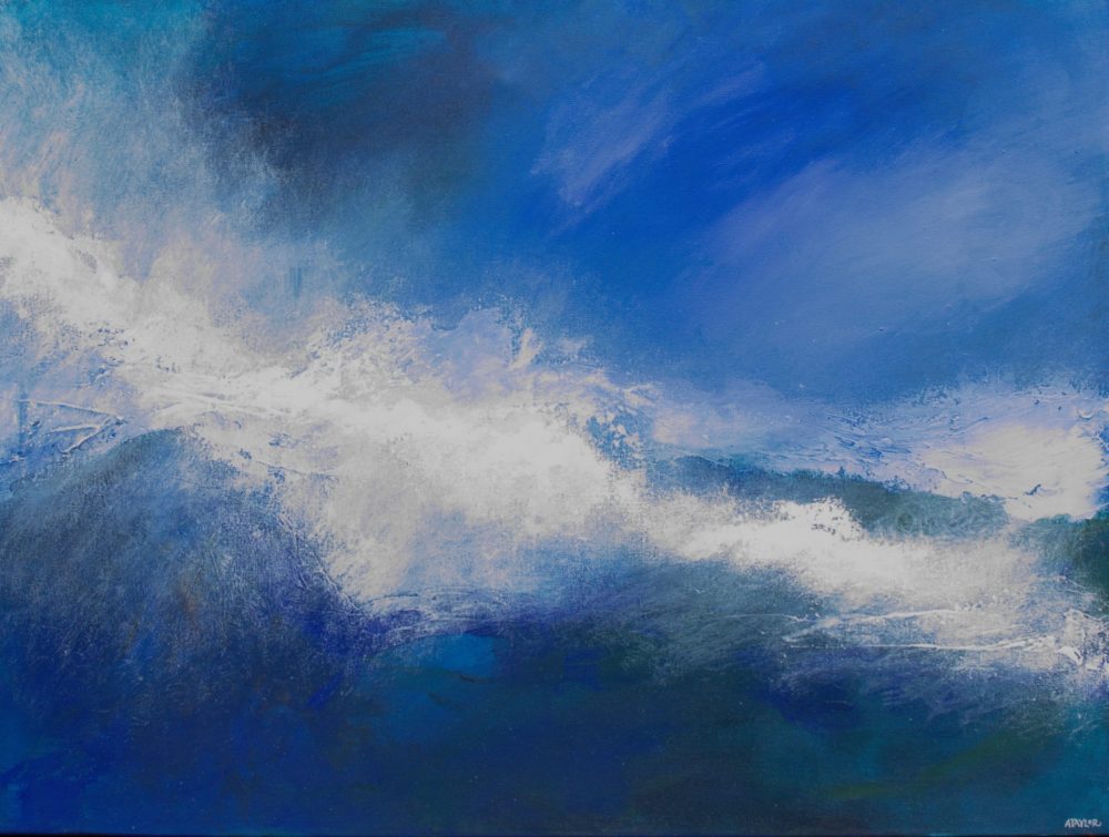 Rapture abstract seascape painting by Andy Taylor, bright white surf rolling along the horizon beneath a vivid blue sky over dark teal sea, acrylic on canvas 60 x 80 cm in black floating frame