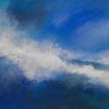 Rapture abstract seascape painting by Andy Taylor, bright white surf rolling along the horizon beneath a vivid blue sky over dark teal sea, acrylic on canvas 60 x 80 cm in black floating frame