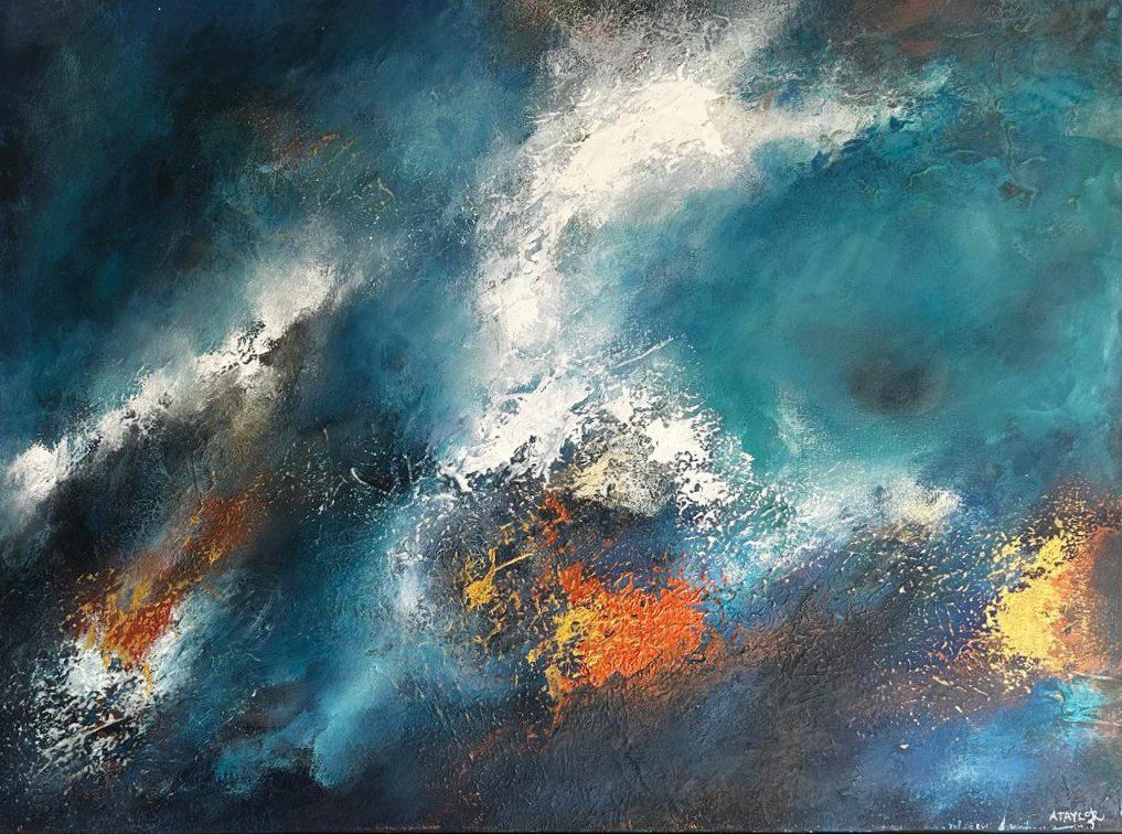 Abstract acrylic seascape painting with crashing white waves on deep teal and navy, with orange, red and gold beneath the surface