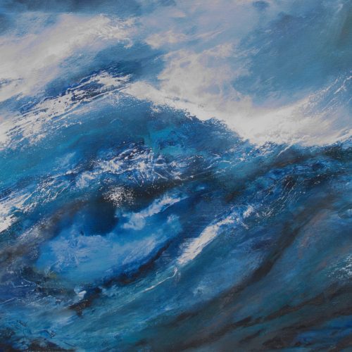 Turmoil abstract seascape painting by Andy Taylor, churning blue and white waves crashing with energetic gestural marks and dark troughs, acrylic on canvas 60 x 80 cm in black floating frame
