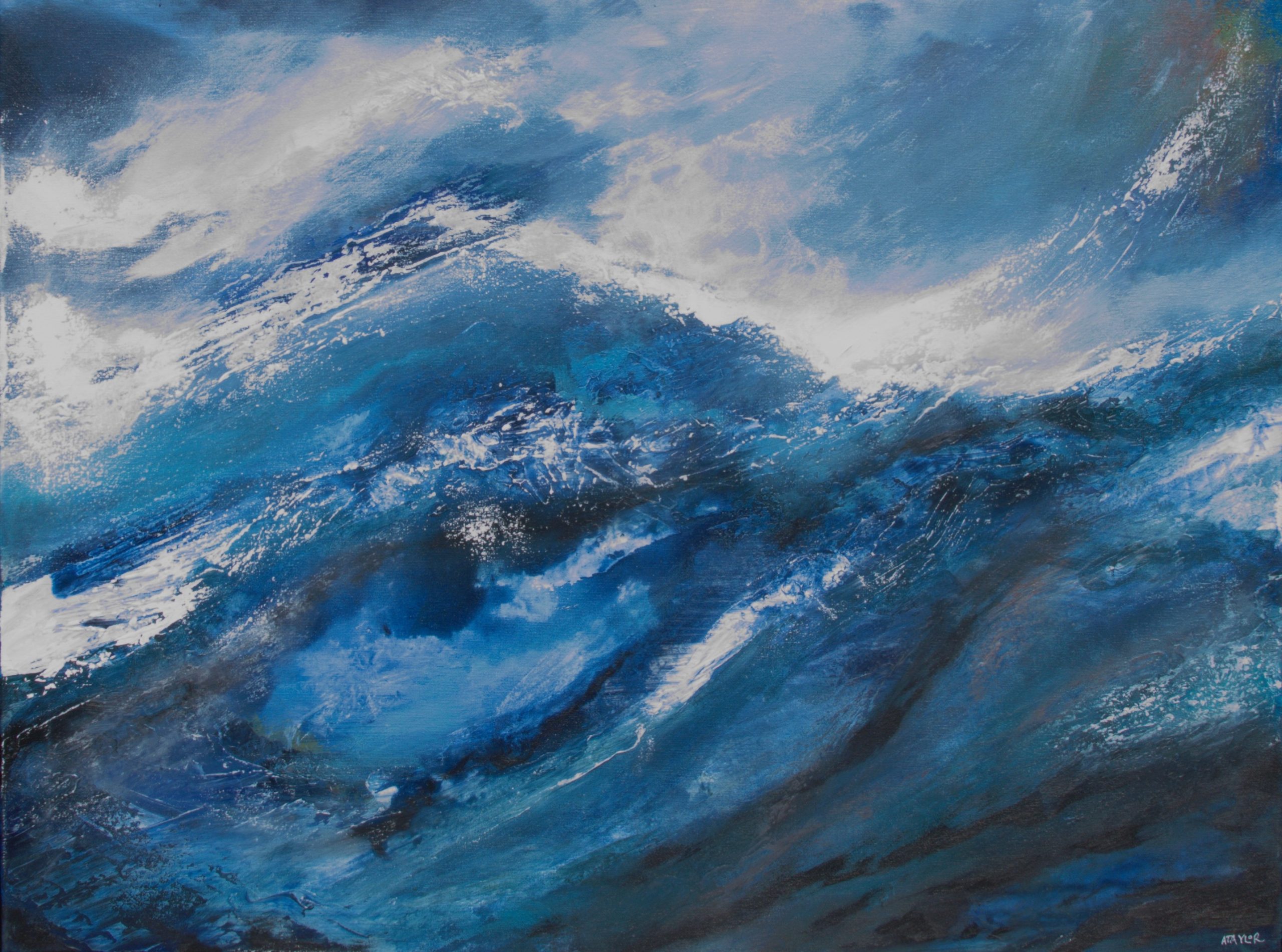 Turmoil abstract seascape painting by Andy Taylor, churning blue and white waves crashing with energetic gestural marks and dark troughs, acrylic on canvas 60 x 80 cm in black floating frame