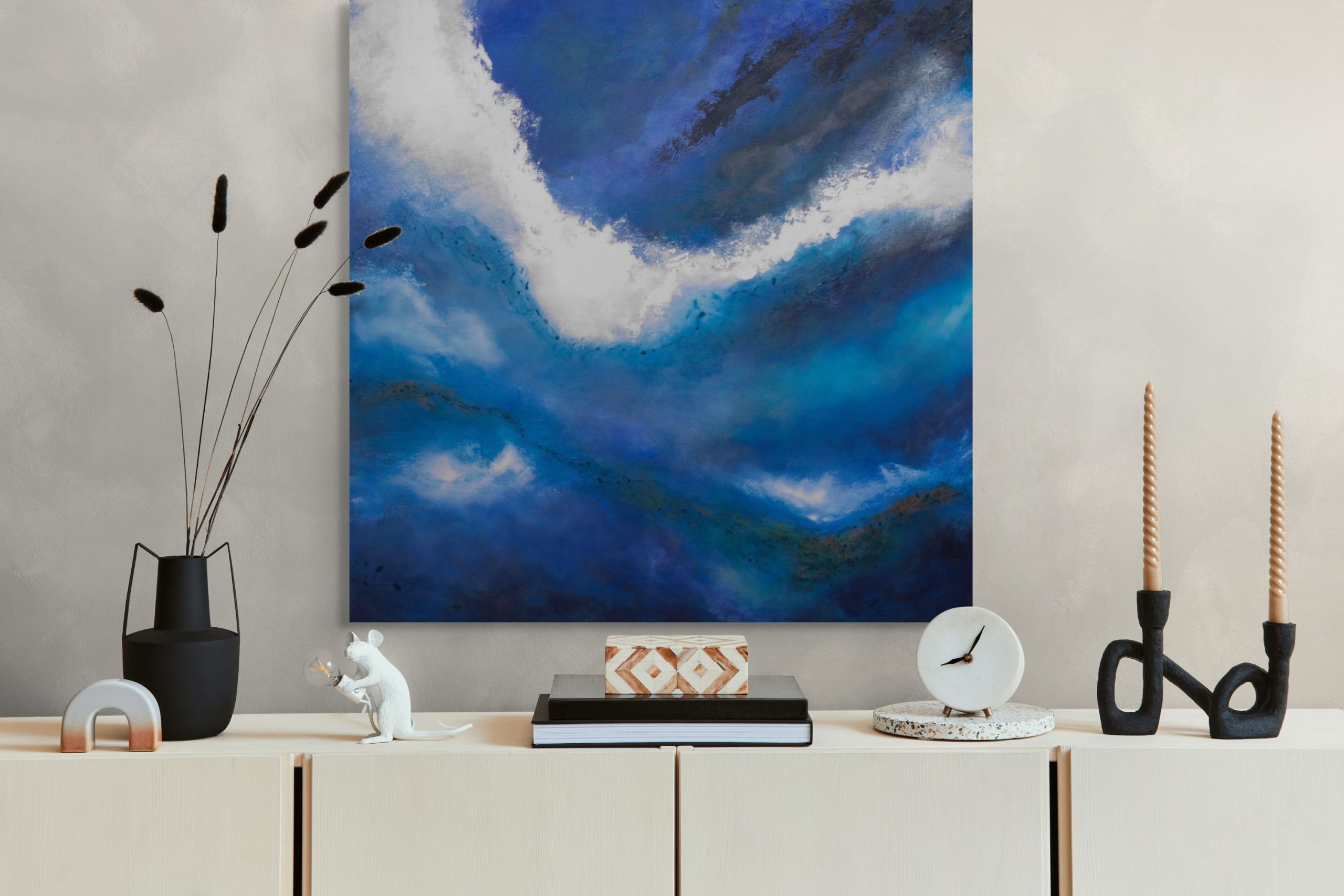 Blue Tropic - painting by Andy Taylor staged in room