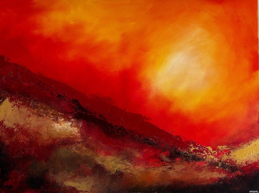 Edge original acrylic abstract painting with a fiery red and orange sky breaking over a dark foreground by Andy Taylor