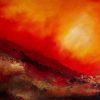 Edge original acrylic abstract painting with a fiery red and orange sky breaking over a dark foreground by Andy Taylor