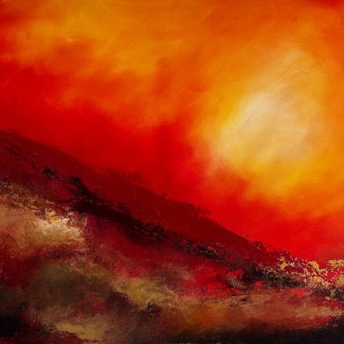 Edge original acrylic abstract painting with a fiery red and orange sky breaking over a dark foreground by Andy Taylor