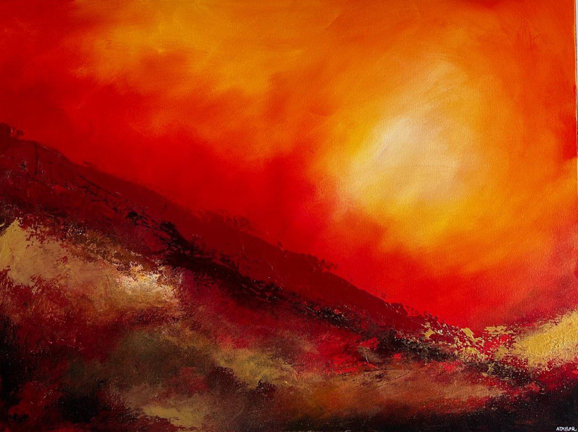 Edge original acrylic abstract painting with a fiery red and orange sky breaking over a dark foreground by Andy Taylor
