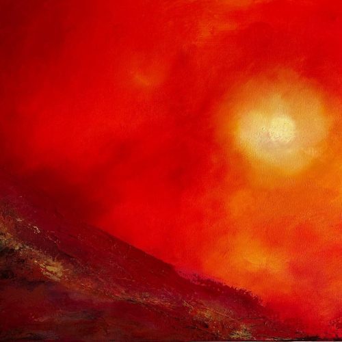 Heat original acrylic abstract painting with a glowing gold sun in a fiery orange and red sky above a textured ridge by Andy Taylor