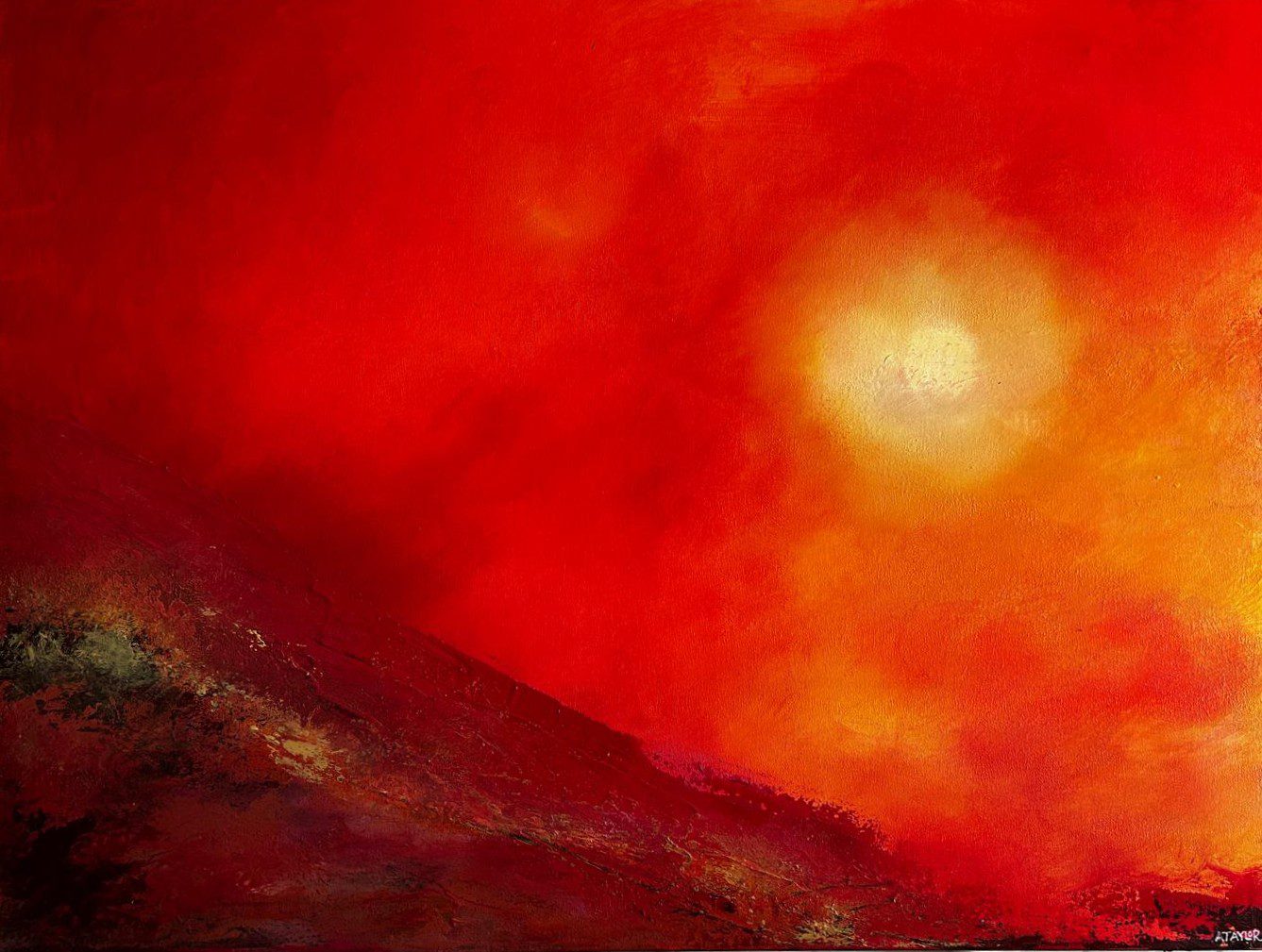 Heat original acrylic abstract painting with a glowing gold sun in a fiery orange and red sky above a textured ridge by Andy Taylor