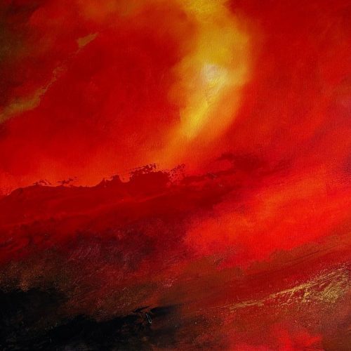 Passion original acrylic abstract painting in deep saturated reds with a glowing white and orange light by Andy Taylor