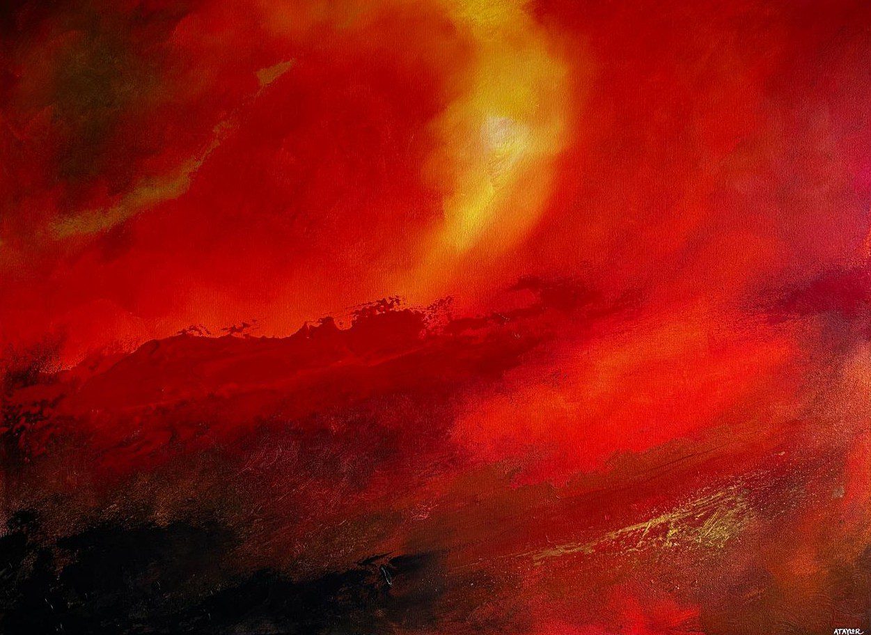 Passion original acrylic abstract painting in deep saturated reds with a glowing white and orange light by Andy Taylor