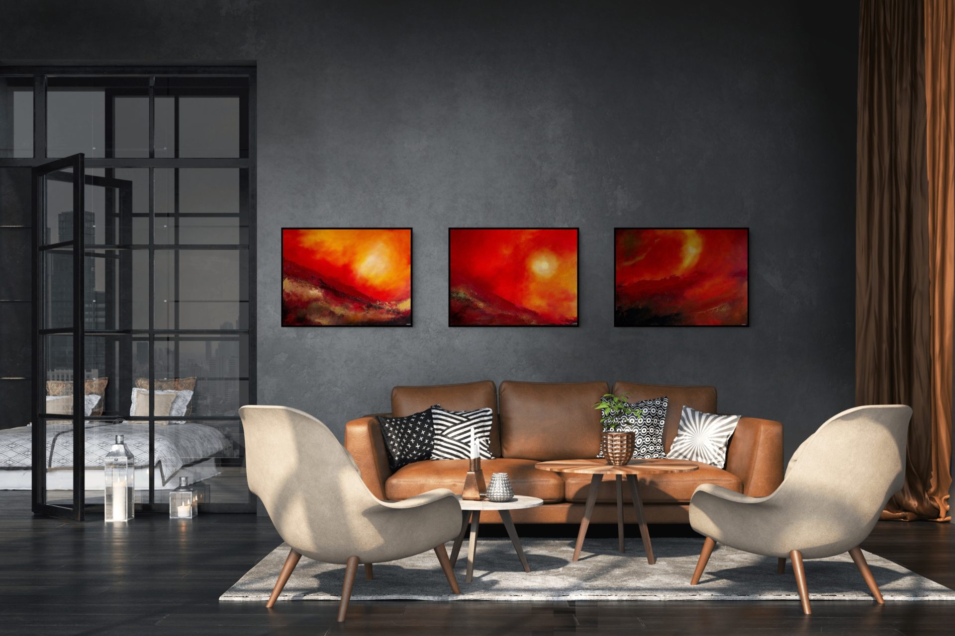 edge heat passion - three paintings by Andy Taylor staged in a living room