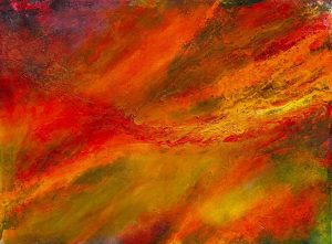 Euphoria — textured red, orange and gold abstract painting with palette knife marks, fire and field inspired artwork.