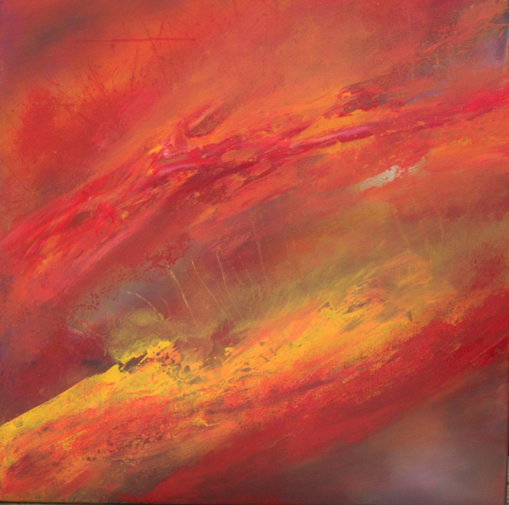 Firestorm - warm orange and red sunset painting over a hillside, soft golden light, Burnt Skies collection.