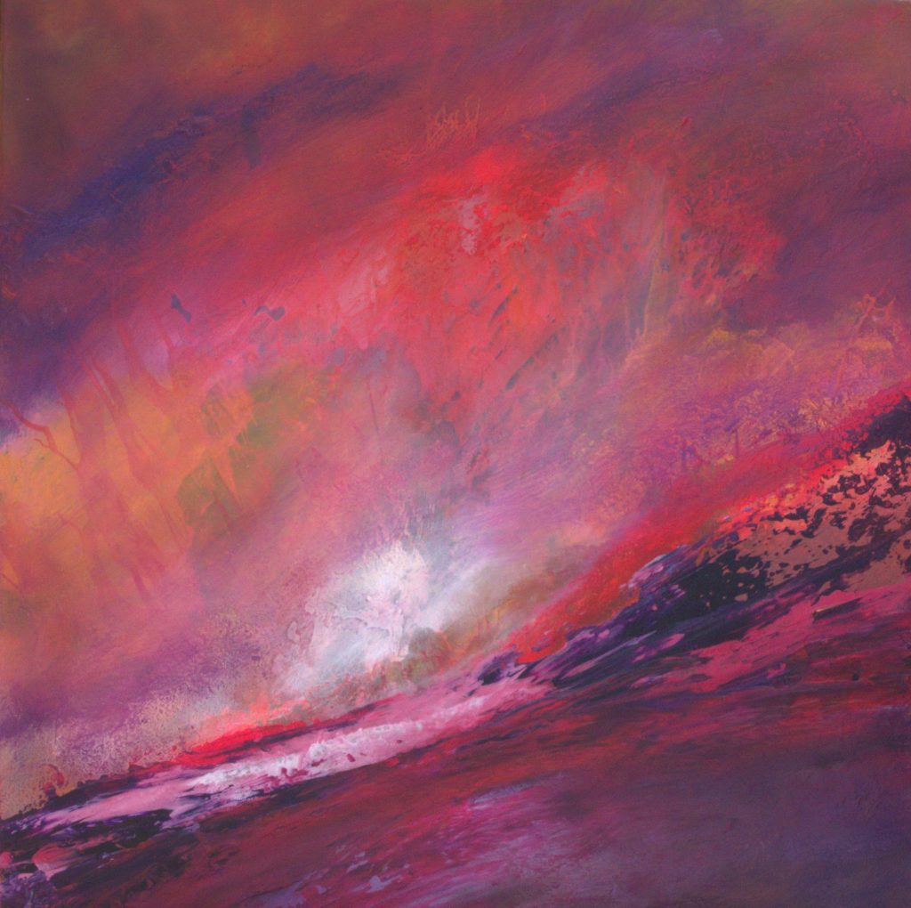 Night Surf — magenta and purple abstract painting with a pale foaming light diagonal, night sky and sea inspired artwork.
