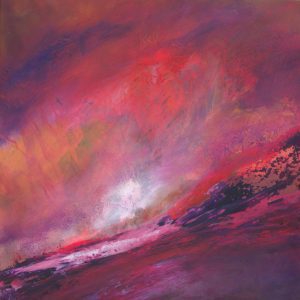 Night Surf — magenta and purple abstract painting with a pale foaming light diagonal, night sky and sea inspired artwork.