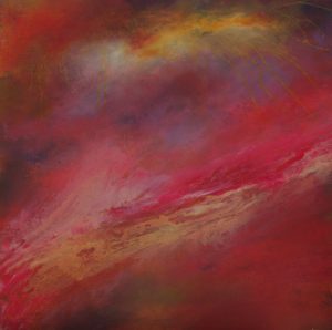Static — deep red and violet abstract painting with fine gold thread details and soft light flare.
